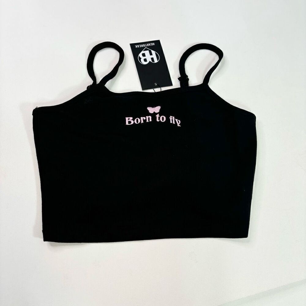 Y2K 90s Heartbreak Top Women 12 Black Solid Born to Fly Strappy Crop NWT
